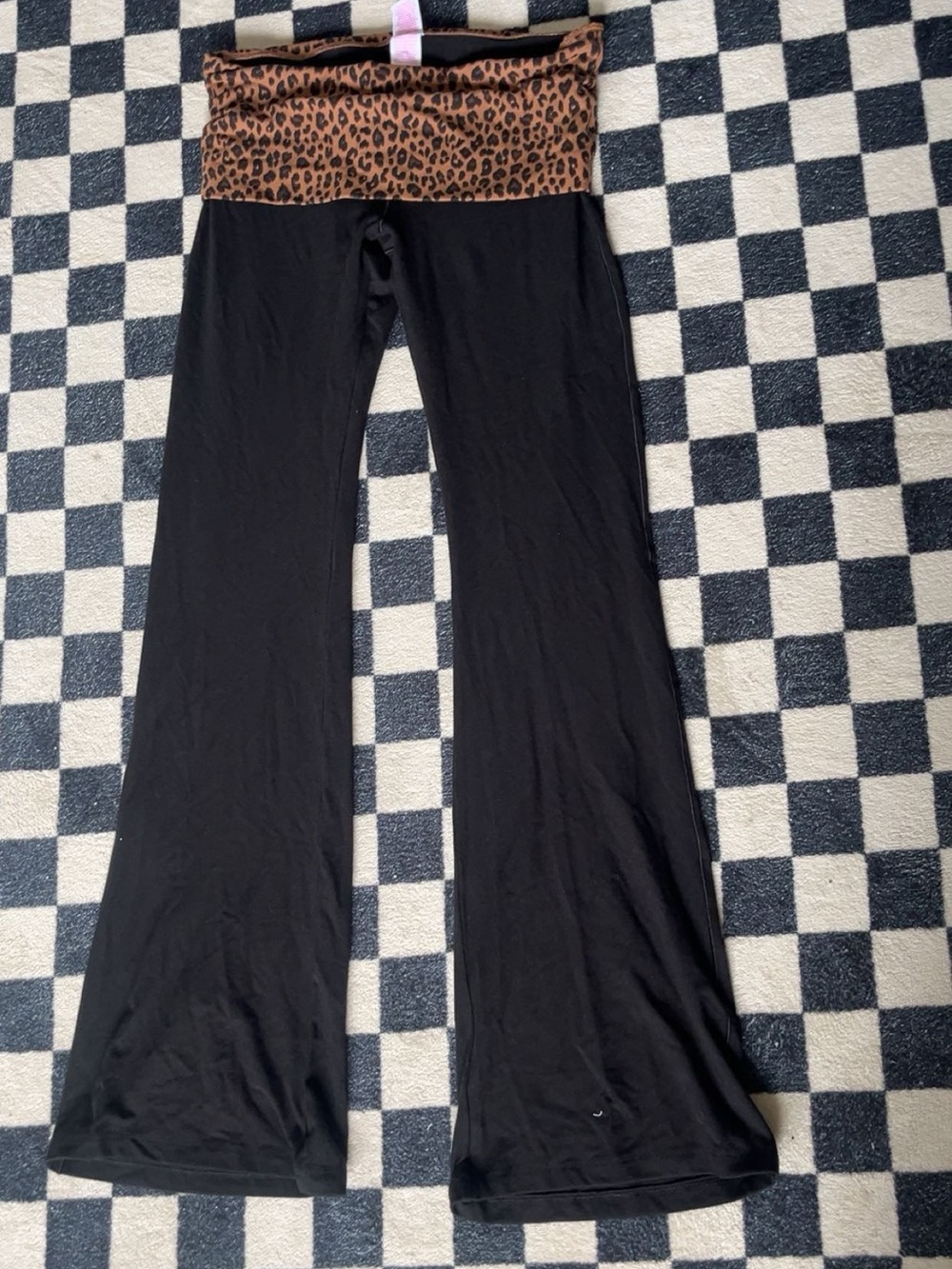 Girls Black Flared Yoga Pants with Leopard Waistband